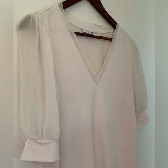 Blush pink Calvin Klein blouse with sheer, puff sleeves - Picture 2 of 4